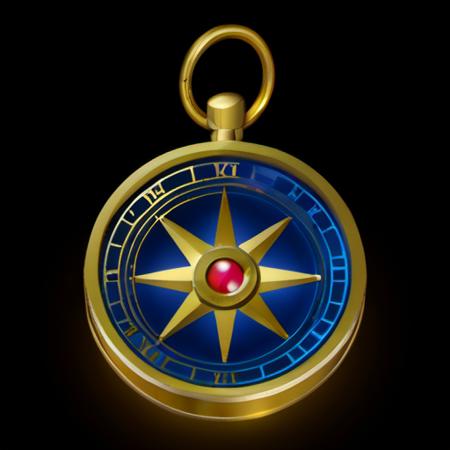 <lora:Game Icon InstituteXL1:1>,(masterpiece, top quality, best quality, official art, beautiful and aesthetic:1.2),(8k, best quality, masterpiece:1.2),a gold compass with a red and blue compass on it's face and a black background with a gold keychain,simple_background,no_humans,black_background,watch,clock,pocket_watch,still_life,roman_numeral,