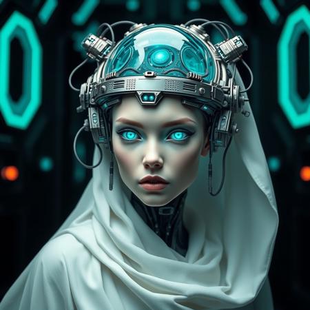 The image depicts a striking futuristic figure, blending elements of technology and organic beauty. has a distinctly human face, with flawless, pale skin and sharp, delicate features. Her eyes are glowing with an otherworldly turquoise light, matching the technological elements integrated into her appearance, suggesting she might be a highly advanced cyborg or artificial being.The headpiece she wears is a complex array of mechanical components, adorned with metallic circuits, wires, and luminescent details. The central part of the headgear is dome-shaped, transparent, and filled with intricate technological designs. She is also wearing a flowing white veil, which contrasts with the mechanical elements of her appearance. The veil drapes softly around her head and shoulders, giving her an almost regal or priestess-like presence, as if she exists in a ceremonial or spiritual role within a high-tech civilization.The background is dark and futuristic, featuring glowing turquoise lights and an industrial, high-tech aesthetic, suggesting she resides in a highly advanced and possibly dystopian world. The overall design of the character evokes a sense of serenity and power, with a perfect blend of humanity and machine in a highly stylized, cyber-fantasy setting.