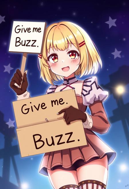 score_4,score_5,score_6,score_7_up,score_8_up,score_9 ((masterpiece,best quality,ultra detailed,highres,HD,4k:1.2)), 
1 girl,solo,face focus,
 1girl,solo,face focus, brown gloves, corset, detached sleeves, fingerless gloves, gloves, juliet sleeves, long sleeves, magical girl, puffy sleeves, skirt, striped, striped thighhighs, thighhighs, thighs, vertical stripes, vertical-striped thighhighs, Layla,blonde hair,bangs,short hair,bob cut,sidelocks,thick eyebrows,red eyes,petite, outdoors,night,stars,
(("Give me Buzz.",Beggars Borad,Holding a sign, holding a sign that says, "Give me Buzz."))
looking at viewer,open mouth,blush,happy,smile,cheerful,