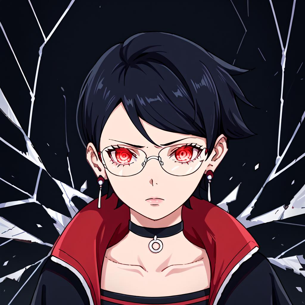 Sarada Uchiha,black hair,short hair,red eyes,glowing eyes,glasses,earrings,choker,open jacket,shattered,crack,cracked skin,upper body,black background,Anime_screencap,fake_screenshot,score_9,score_8_up,score_7_up, score_6_up, score_5_up,score_4_up,source_anime,fine anime screencap,style parody,official style,anime coloring