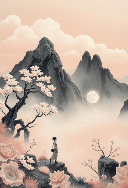 Surreal infrared symbolist painting depicting ethereal landscapes in muted pastels. Fresco-like textures, soft diffused lighting, intricate flora and fauna rendered with delicate brushwork.  Japanese ink painting style, Zen aesthetics, elegant figures in a dreamlike atmosphere.  Timeless serenity, otherworldly appearance due to infrared spectrum.