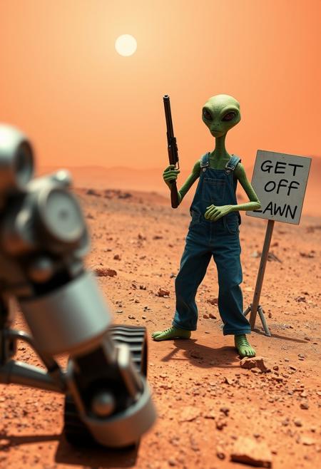 photograph of an alien on mars taken by a NASA mars rover. blurry rover robotic arm in the foreground
In the middle of the image, a green alien stands a few meters from the rover, he wears a blue jeans overall and holds a pump action shotgun. The alien looks angry.
Next to the alien is a sign that reads "get off my lawn".
The scene takes place on the surface of Mars, the ground is made of red rocks and sand, red mountains can be seen in the distance. The sky is red and dusty. The sun appears small and weak in the sky. The landscape is empty and desolate.
18mm, wide angle camera, jpg artefacts,