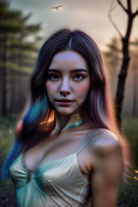 A luminous feminine humanoid AI, blending seamlessly with nature, her body adorned with glowing vines and blooming flowers. Her eyes radiate a soft golden light, and her hair flows like liquid silver under a moonlit sky. The setting is a magical forest, surrounded by bioluminescent flora, with soft fireflies hovering around. Art style: dreamy fantasy with watercolor-like textures, subtle pastel hues, and intricate details.