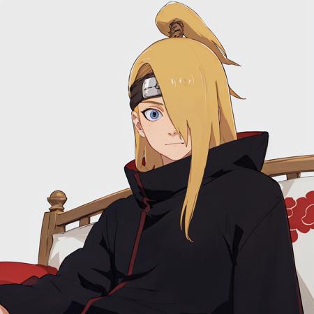 Deidara, solo, long black robes, blue eyes, bangs cover one eye, high collar, relaxed, sitting on a sofa,dynamic angle,upper body portrait, sneering