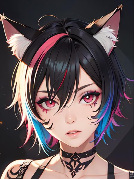 1girl, rainbow hair, cat ears, animal ears, animal ear fluff, emo punk style, makeup, dark skin, facial mark, hair between eyes,lips, looking at viewer,neck tattoo, parted lips, red eyes, short hair, slit pupils, solo,