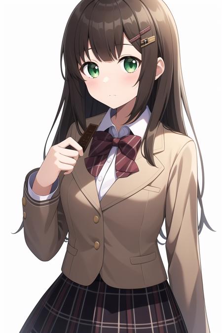 solo, 1girl, skirt, shirt, plaid, green eyes, long hair, white shirt, jacket, bow, white background, hair ornament, looking at viewer, hairclip, school uniform, collared shirt, plaid skirt, holding, brown hair, chocolate, blush, bowtie, simple background, bangs, blazer