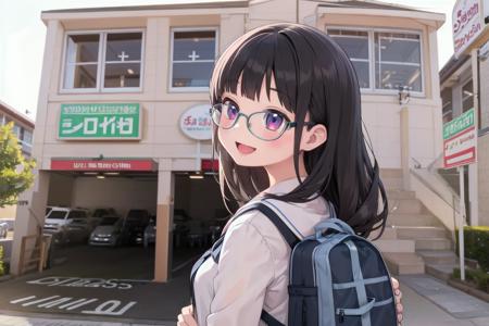 best quality, ultra-detailed, illustration,
1girl, glasses, black hair, long hair, school uniform, school bag, smile, laughing, solo focus,
saizeriya, storefront, scenery, outdoors, sign, building, window
 <lora:saizeriya_ex_SD15_V1:1>