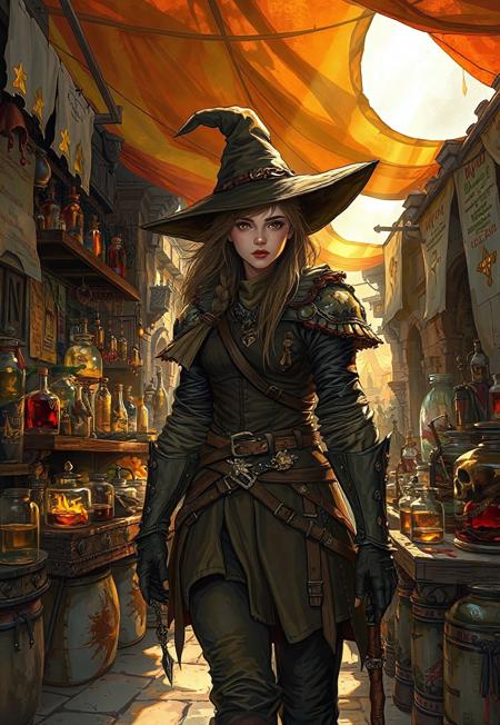 masterpiece, ultra-detailed, digital illustration, a young witch facing the viewer, navigating a bustling medieval market on a bright afternoon, wearing distressed leather armor and garments, a wand dangling at her side like a symbol of her power. Surrounding her is an alchemical stall brimming with glowing vials, arcane instruments, parchment scrolls, and preserved creatures in jars. Golden sunlight filters through colorful canvas awnings, casting angular shadows and highlights across the market scene. The atmosphere blends Sean Aaberg’s gritty punk fantasy style, Mike Allred’s bold comic outlines and colors, Caravaggio’s dramatic light and shadow, and Ted Nasmith’s intricate medieval detailing.