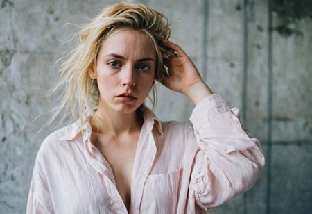 Photo of a blonde wearing oversized shirt, cleavage. Canon 5d Mark 4, Kodak Ektar. (both hands tying her hair:1.3). The most beautiful form of chaos, elegant, a brutalism designed, vivid colors, absurdres. style by Agnes Cecile