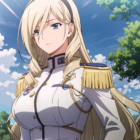 <lora:celia:0.75> celia, 1girl, solo, breasts, large breasts, hairband, sky, day, cloud, uniform, tree, military, military uniform, epaulettes, aiguillette