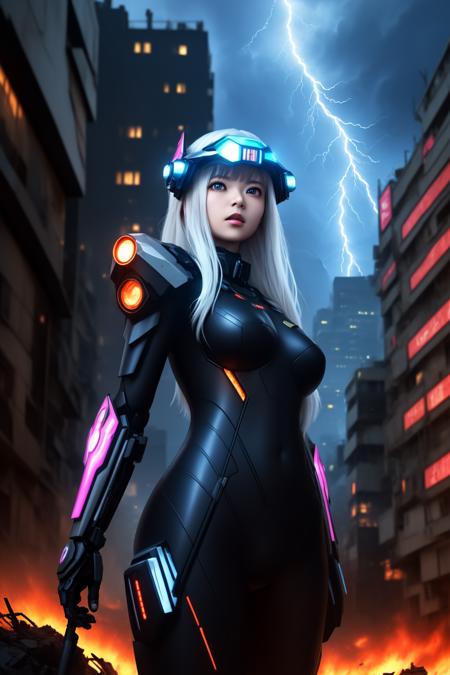 <lora:asuka:0.85> asuka, masterpiece,(realistic), absurdres, highly detailed CG unified 8K wallpapers, 8k uhd, dslr, ((dark night)), ((a girl in a mechanical bodysuit, futuristic headgear, mecha musume, burning armor effect, cyberpunk, destroyed city, thunderstorms effect)), dramatic, cinematic, white hair, lightning eyes, beautiful and detailed eyes, (real skin), beautiful skin, attractive, ultra-high resolution, ultra-realistic, high-definition <lora:mecha_offset:0.5>