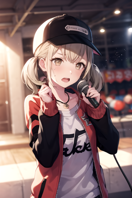 <lora:AzusawaKohane-06:0.7>, kohane, 1girl, solo, open mouth, blonde hair, shirt, long sleeves, hat, holding, twintails, jewelry, jacket, yellow eyes, upper body, sweat, open clothes, teeth, medium hair, necklace, blurry, open jacket, black headwear, blurry background, short twintails, microphone, baseball cap, light particles, red jacket, music, holding microphone, singing, backwards hat, letterman jacket, karaoke