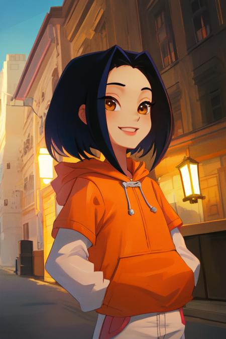 Jade, short black hair, brown eyes, hands in pockets,  upper body, smiling, 
JaOran, orange short sleeved hoodie, white long sleeves, hood down, sneakers , blue pants, 
cartoon Hong Kong,  morning, 
(insanely detailed, beautiful detailed face, masterpiece, best quality) cinematic lighting,
 <lora:Jade:0.7>