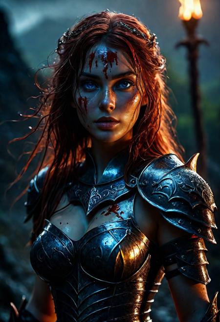 Ultra detailed digital art masterpiece Warrior girl dressed in a iron Armor, Standing on a bloody and stormy battlefield, standing in combat pose, dark fantasy medieval Town, perfect lighting, beautiful Warrior cute girl, attractive woman, elegant, sinewy athletic body, unreal engine 5 nanite quality, mixed with dark elements, dark environment, very dark night, clean dark velour witch clothing, LOTR style, dark washed out eyeliner, no make up, natural bloody face, realistic blue eyes, ultra detailed atmospheric details, beautiful glowing effects, sparkle effects, realistic body proportions, beautiful face proportions, complex masterpiece, wavy red hair, creative glowing detailed tattoos, complex physics, enhanced colors, complimentary colors, ultra detailed raytracing reflections, Ultra detailed complex background, environment feels alive, direct eye contact, dramatic lighting, wet and sweaty skin, beautiful firm Breasts, Concept art portrait by Greg Rutkowski