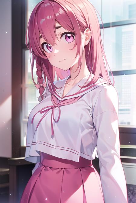 sumisakurasawa, <lora:sumisakurasawa-lora-nochekaiser:1>,
sumi sakurasawa, bangs, (pink eyes:1.5), hair between eyes, pink hair, braid, hair bow, thick eyebrows,
BREAK skirt, shirt, long sleeves, bow, ribbon, school uniform, white shirt, serafuku, sailor collar, red ribbon, neck ribbon, red skirt, white sailor collar,
BREAK looking at viewer,
BREAK indoors, classroom,
BREAK <lyco:GoodHands-beta2:1>, (masterpiece:1.2), best quality, high resolution, unity 8k wallpaper, (illustration:0.8), (beautiful detailed eyes:1.6), extremely detailed face, perfect lighting, extremely detailed CG, (perfect hands, perfect anatomy),