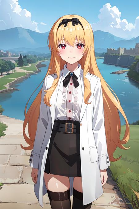 (masterpiece, best quality:1.4), looking at viewer, cowboy shot, smile, blush, yue, blonde hair, long hair, red eyes, brooch, white shirt, black skirt, black thighhighs, ribbon, labcoat, bow, hairband, hair bow, outdoors, castle, path, river, <lora:yue_v1:0.7>