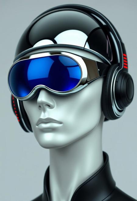 The figure's head is encased in a streamlined helmet, predominantly chrome with black accents. The helmet appears highly polished, with a smooth, almost glossy finish. Integrated into the helmet are large, circular, reflective lenses that cover the eyes entirely. The lenses glow with blue hue, giving off a cool, futuristic aura. These oversized goggles suggest an augmented reality or heads-up display function, typical of high-tech environments. Around the figure’s ears are sleek, futuristic headphones, which are seamlessly built into the helmet design. These headphones are primarily black with red, horizontal stripes along the side, indicating an interface for communication or audio enhancements. The skin tone appears smooth and artificial, hinting at synthetic or modified human characteristics