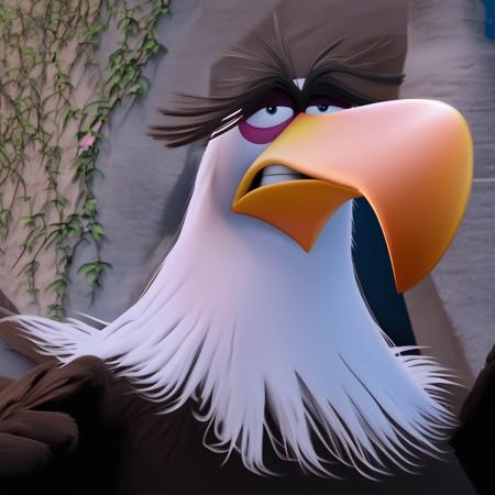 Might Eagle, brown feathers, feathers, bird, eagle, purple eyelids, feathered hands, big feathered hands, bird tail, winged arms, white head, white head feathers, feathered head, tired, eyebags, small pupils, white sclera, large eyebrows, large beak, long yellow beak, short legs, large feet, talons, obese, big belly, 3D, male focus, ((solo))