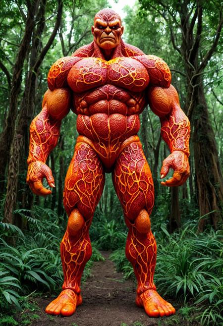 score_9,score_8_up,score_7_up, The image depicts a towering, muscular golem, in blood orange style, entirely made of blood orange, standing majestically amidst a lush, verdant forest. Its form is robust and imposing, with broad shoulders and powerful limbs, intricately detailed with organic-like straw textures. the view emphasizing the grandeur of the forest guardian. The surrounding environment is in natural light, filtering through the dense canopy, creating a mystical and fantastical atmosphere.  <lora:1:1>