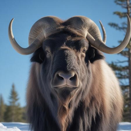 very realistic photograph close-up of a  musk ox  in the snow, forest background of pine, fir and white spruce and birch, blue sky with cirrus cloud and slightly hidden sun