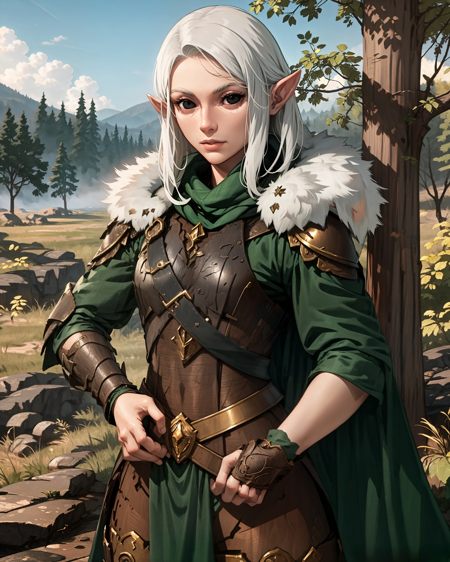 Kerillian 1girl, elf, black eyes, white hair cloak, armor, hood, mouth mask