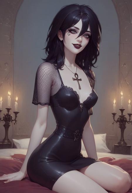 score_9, score_8_up, score_7_up, pinup girl pose, Expressiveh, a sexy girl in goth clothes sits spread-legged on her bed, (silver ankh necklace), smiling eyes, mouth open, (butt cleavage), cleavage, (((fishnet shirt))), black lace bra, black lacy skirt, close on face, ankh and mirror in background, short black glam hair, egyptian eyeliner, eye of horus, (very pale skin), (((white skin))), pale colors, goth decorations, small breasts, perfect face, thin waist, heart-shaped ass, black themed clothes, mischievous look on face, semi realistic,  fantastical, looking at viewer, (black hair), gray eyes, face mark,
score_9,score_8_up,score_7_up,very aesthetic ,(masterpiece:1.4), (best quality), (colorful), (detailed) dramatic angle, unique perspective, unique angle, comic book angle and perspective, (((nighttime))), summer night, candle light, D_endless