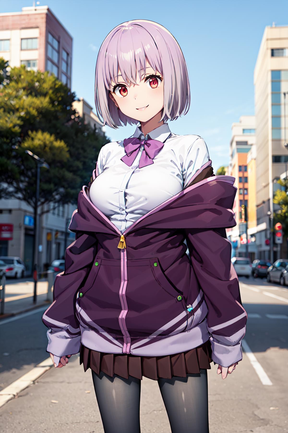 A cartoon character with anime-like features, wearing a blue and purple jacket, posing on a city street.