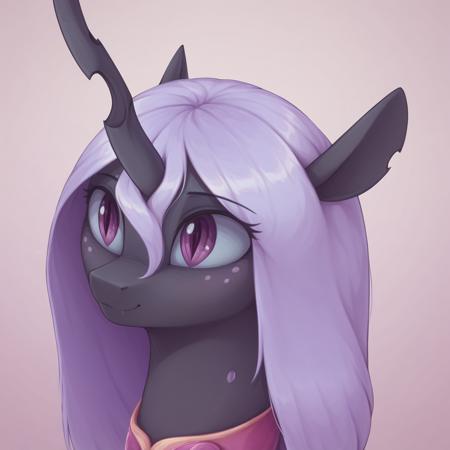 Queen Gytha changeling, feral,  red eyes, holey hoofs, ragged ears, crooked horn, black skin, pink freckles, very light purple membrane hair, very light purple membrane tail, insect wings