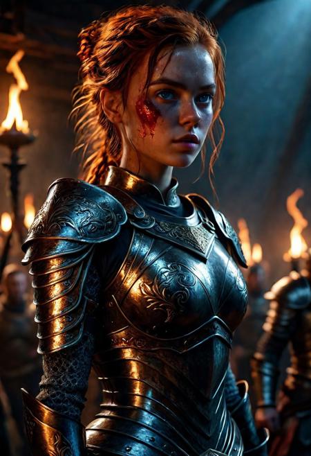 Ultra detailed digital art masterpiece Warrior girl dressed in a iron Armor, Standing on a battlefield at the head of an army of knights, where a bloody slaughter is taking place, standing in battle pose, a dark epic fantasy, perfect lighting, beautiful  Sadie Sink as Warrior girl, attractive woman, elegant, sinewy athletic body, unreal engine 5 nanite quality, mixed with dark elements, dark environment, very stormy night, clean dark velour witch clothing, LOTR style, dark washed out eyeliner, no make up, natural bloody face, realistic blue eyes, ultra detailed atmospheric details, beautiful glowing effects, sparkle effects, realistic body proportions, beautiful face proportions, complex masterpiece, wavy red hair, creative glowing detailed tattoos, complex physics, enhanced colors, complimentary colors, ultra detailed raytracing reflections, Ultra detailed complex background, environment feels alive, direct eye contact, dramatic lighting, wet and sweaty skin, beautiful firm Breasts, Concept art portrait by Greg Rutkowski, adding to the intense and dynamic atmosphere of the scene.
