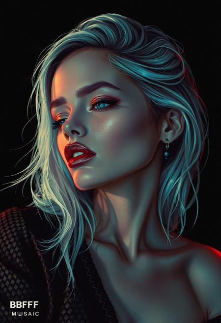 high quality design aesthetics, disco, synth pop, dynamic, detailed, pop album cover, melancholic, beautiful young white woman, artist name "MUSAIC", album title "BFF"