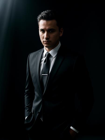 1man, studio portrait, cinematic lighting, dramatic shadows, three point lighting, key light, wearing black suit, short hair, dark background
