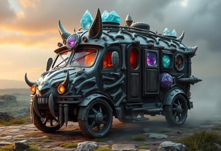 concept, a medieval styled motorhome, powered by magic crystals, themed and shaped like a fat cat, made up of various animal parts, includes bones shells fangs claws in its construction,