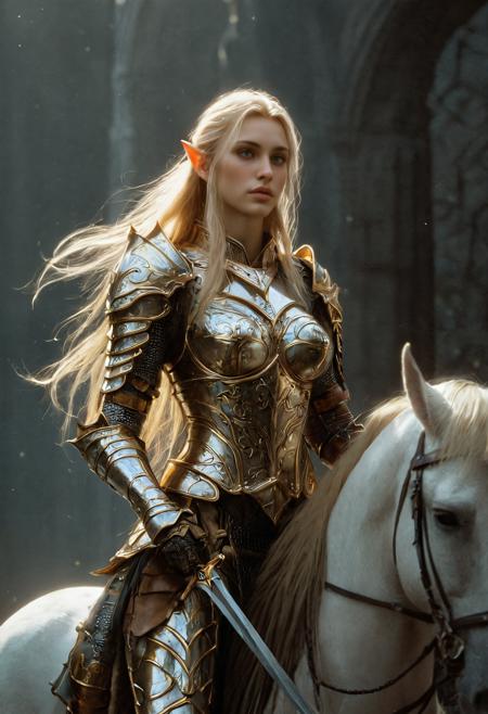 (an epic realistic photo of a beautiful female elf knight:1.12), (she has long blonde hair), (she wears a shining embossed silevr and gold knight's armor), trending on artstation, (high quality:1.2), (masterpiece:1.2), high details, incredibly absurdres, colorful, (realistic cinematic photo:1.33), (Luis Royo Style:1.31), (Gerald Brom Style:1.19), (Paolo Eleuteri Serpieri Style:1.25), (comp_top:1.16), (raw photo:0.74), (high fantasy castle interior background:0.56), (dynamic active poses)