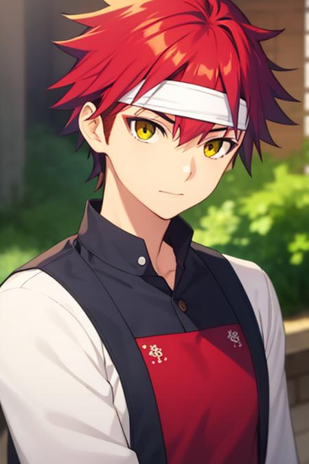 yukihira_souma red_hair spiked_hair  black shirt  white headband