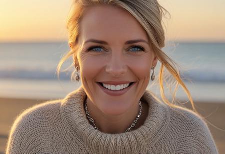 A hyper-detailed, high-resolution (8K) close-up portrait of a 40-year-old woman with sleek blonde hair tied back , wearing an oversized detailed beige knit sweater with delicate silver jewelry. Her striking blue eyes gleam with warmth, framed by delicate laugh lines that enhance her inviting charm. Subtle Wrinkles on her face, natural skin texture, Detailed natural skin, The background is a sunset beach, the golden hour, Shot with a Hasselblad H6D-100c medium-format camera, using a tight crop and shallow depth of field (f/2.8) to emphasize the fine details of her woolen sweater and natural skin texture. The lighting is warm and diffused, casting a golden glow reminiscent of a Thomas Kinkade painting.