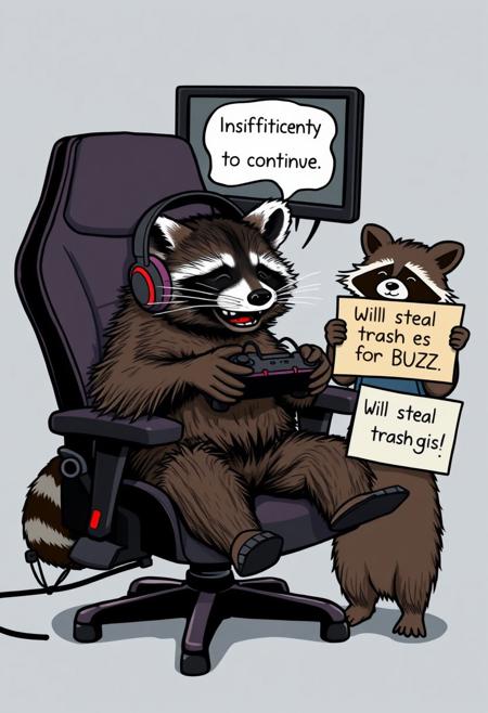 Gamer Raccoon in Despair – A raccoon in a gaming chair with headphones throws his controller in frustration. His screen says, "Insufficient BUZZ to continue." He slams his paws on the desk, while his raccoon friend holds a sign: "Will steal trash for BUZZ."