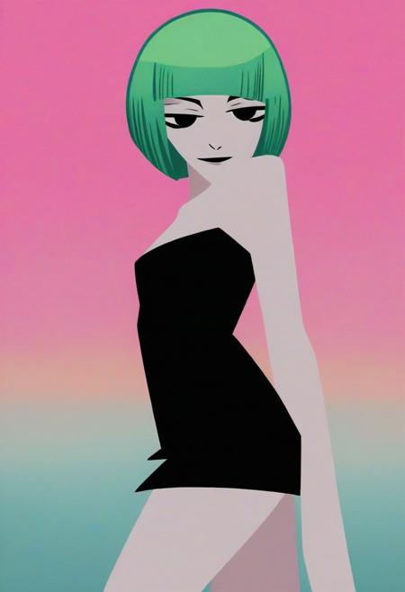 (((pastel colors, high contrast, expressiveh, solo focus))), ((black eyes, green hair, naughty face, bobcut hair, pale skin, black dress, short dress, tight dress, strapless dress, thighs)) (1girl, standing, side view, looking at viewer), simple glowing background. rimlight asian american