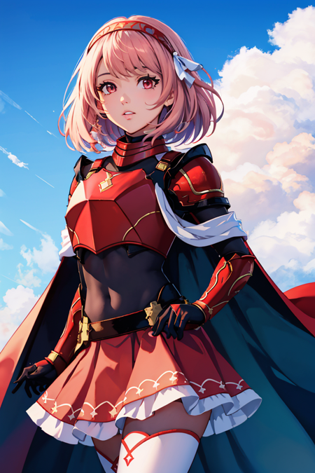 lapis_def, looking at viewer, thighhighs, parted lips, cape, red skirt, red armor, blue sky background, 
 <lora:Lapis_def:0.7>