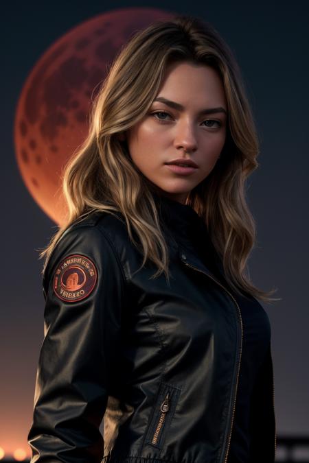 perfect cinematic shoot of a beautiful woman (EPJOBr0wn:.99), a woman standing at a dojo, perfect hair, wearing sexy Navy (Utility jacket), (blood moon in background:1.2), (detailed background:1.1), (face focus), modelshoot style, (extremely detailed CG unity 8k wallpaper), professional majestic (photography by Roberto Ferri:1.1), 24mm, exposure blend, hdr, extremely intricate, High (Detail:1.1), dramatic, soft cinematic light, (looking at viewer), (detailed pupils),8k, highly detailed, rich environment, 4k textures, soft cinematic light, elegant, ((((cinematic look)))), soothing tones, insane details, hyperdetailed, ("Descifra el arte del juego con JernauGurgeh!":1.1),(epiCPhoto)