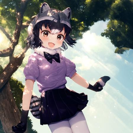 araisan, 1girl, animal ears, raccoon ears, solo, raccoon tail, grey hair, short hair, skirt, black bowtie, brown eyes, fur collar, puffy short sleeves, fang, raccoon girl, periwinkle shirt, pleated skirt, black skirt, bangs, black and white gloves, hair between eyes, white legwear, black shoes, white sleeves, sunlight, sun rays