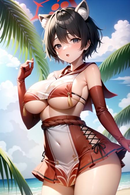 tsubaki (blue archive), 1girl,solo, looking at viewer, short hair, sky, blush, blue sky, open mouth, large breasts, bare shoulders,  water, white socks, raccoon ears, outdoors, black eyes, elbow gloves, tassel, skirt, bangs, red skirt, animal ears, 1girl, day, beach, cloud,  breast curtain, solo,  red gloves, black hair, underboob, red halo,red sailor collar, thighs, raccoon ear <lora:tsubaki-10:0.7>