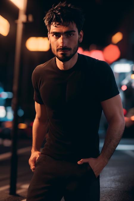 photo of  person,  male, jacket,  t-shirt,  pants,  night at city,  neon,  beard,  brown eye,  masterpiece,  highres,  sharp focus,  cinematic lighting,  detailed face,  detailed eyes, <lora:EMS-45173-EMS:1.000000>, , <lora:EMS-13102-EMS:0.500000>