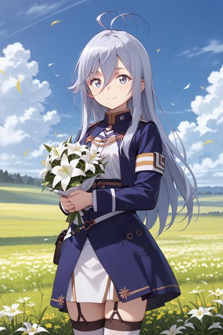 vladilenamilize, very long hair, grey eyes, hair between eyes, bangs, grey hair, ahoge, white eyelashes blue military uniform, garter straps, white thighhighs, high-waist skirt, shirt, long sleeves, cropped jacket, zettai ryouiki, peaked cap, black military uniform, garter straps, thighhighs, high-waist skirt, shirt, long sleeves, cropped jacket, zettai ryouiki, peaked cap, red hair, multicolored hair, streaked hair low-cut dress, black dress, head flower, choker, cleavage, hair ornament, elbow gloves, lipstick,  86bg, flower field, cloudy sky, petals, spider lily,, blue sky, blurry