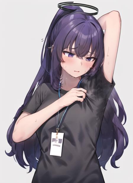 <lora:SmellingSelf1:0.7> SmellingSelf1, 1girl, long hair, breasts, blush, bangs, simple background, shirt, white background, medium breasts, purple eyes, closed eyes, upper body, ponytail, purple hair, short sleeves, sweat, official alternate costume, parted bangs, black shirt, multiple views, halo, arm behind head, id card, lanyard