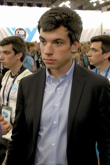 raw photo of a young man, looking at camera, in a stunning black suit at the crowded comicon convention, giving an interview, (people in the background), confused, 8k uhd, fujifilm xt3