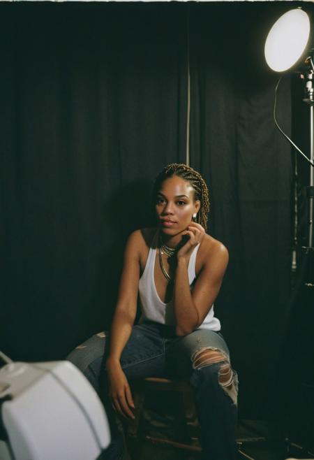 (gritty analog photo:1.2), candid (snapshot:1.2) of a sophisticated and cool 22-year-old biracial female hip-hop artist from Brooklyn sitting in a backstage room getting ready for her show, natural skin texture, realistic skin texture, (skin pores:0.8), (skin oils:0.8), (behind the scenes photography:1.2), documentary style photography, high contrast, deep shadows, hires, highly detailed, (film grain:1.2), the picture conveys effortless coolness, polaroid film photography