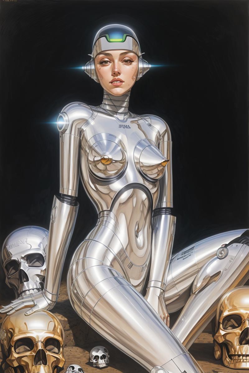 A robotic woman wearing a silver bikini and sitting next to a skull.