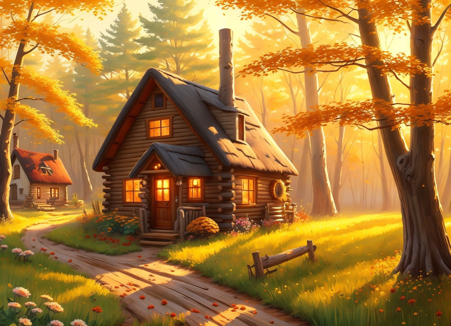 painting of a cute cozy cottagecore wood log cottage on a golden field, soft warm sunlight, tree, soft autumn colors, flow...