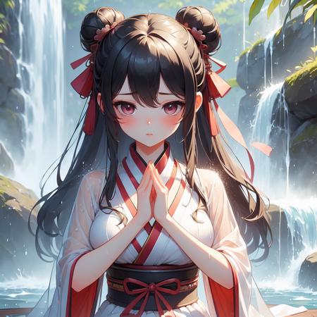 (((masterpiece))),  (((best quality))),  (((takigyo))),  ((mudra)),  close hands together,  meditation under waterfall,  falling water hitting body,  daze eyes,  see through hanfu,  solo,  1girl,  big tits,  sweat,  ribbon,  twin bun hair,  shy,  blush, takigyo,<lora:EMS-277088-EMS:1.000000>