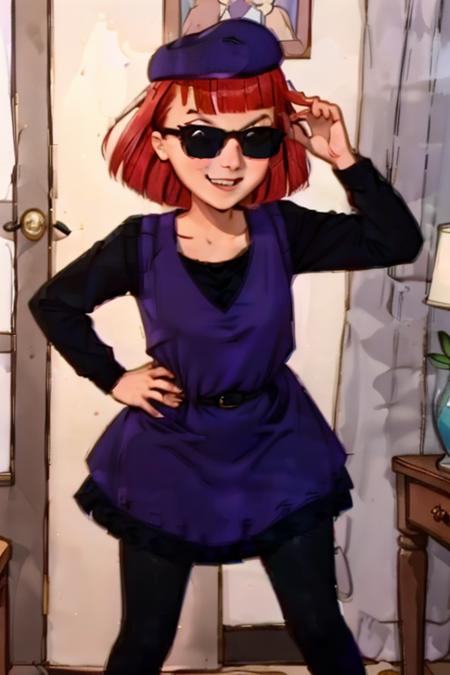 <lora:Judy Funnie V2:0.75> judy_funnie, red hair, sunglasses, shaved sides of head, purple beret, purple dress, black undershirt, long sleeves,  indoors, smile, black stockings, day time